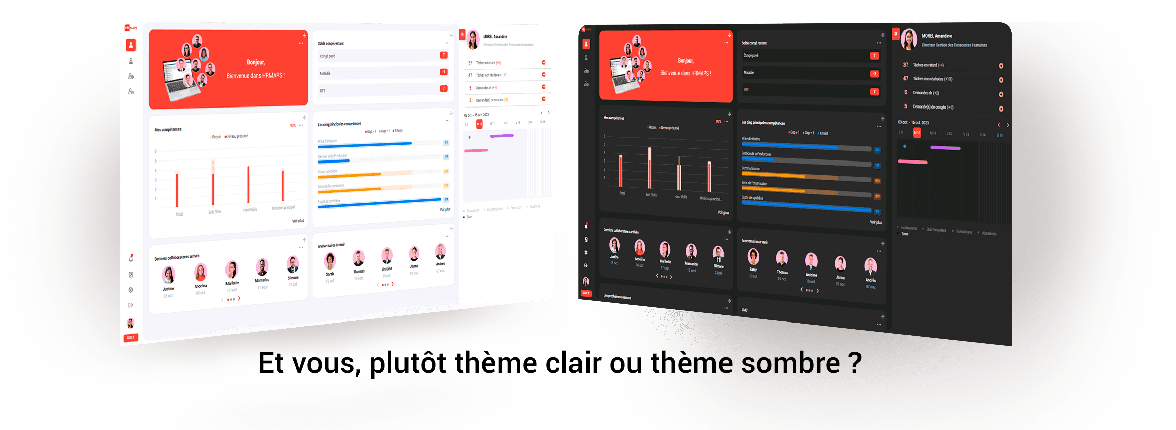 Le nouveau portail RH HRMAPS propose deux modes d'affichage : sombre et clair.